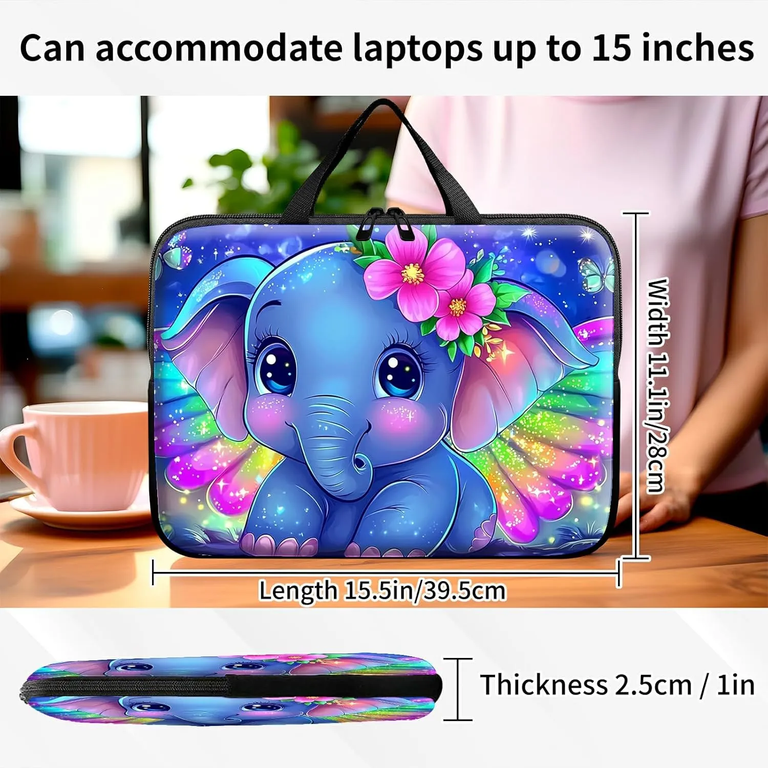Baby Elephant with Big Eyes Theme Laptop Sleeve Case Notebook Sleeve PC Messenger Bag Durable Travel Laptop Bag Handbag 13-14 Inch with Handle for Laptop/Notebook/Tablet Laptop