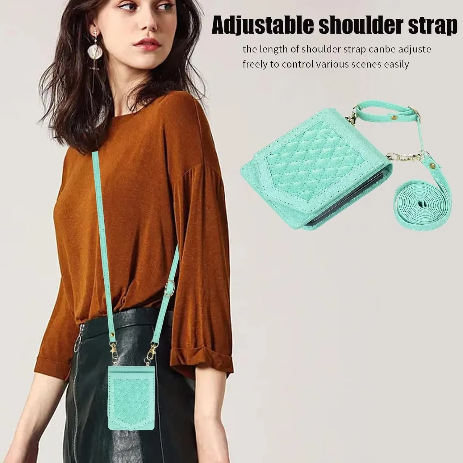 Back Mirror Flip Case for Samsung Galaxy Z Flip 4 5G, Luxury RFID Crossbody Shockproof PU Leather, Slot Card Wallet Case with Holder Kickstand, Detachable Shoulder Strap Handbag Gift(MintGreen)