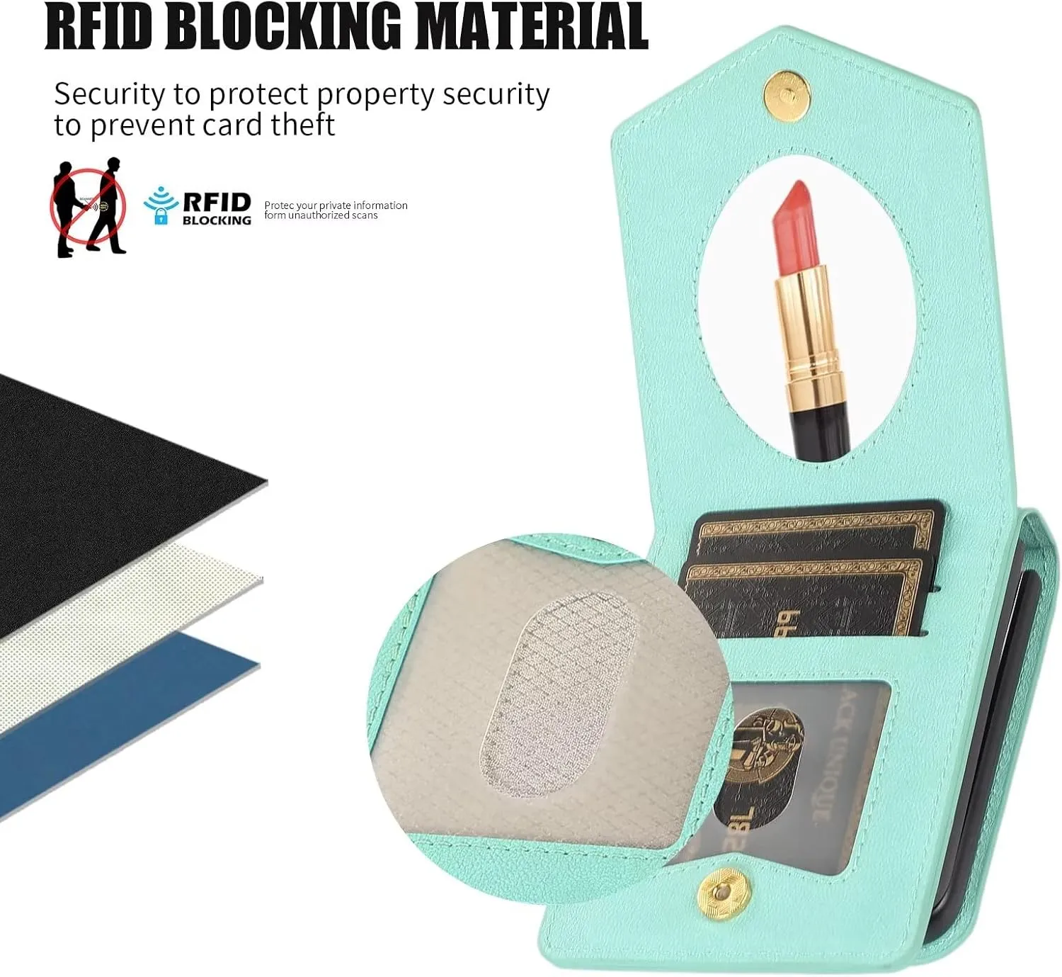 Back Mirror Flip Case for Samsung Galaxy Z Flip 4 5G, Luxury RFID Crossbody Shockproof PU Leather, Slot Card Wallet Case with Holder Kickstand, Detachable Shoulder Strap Handbag Gift(MintGreen)