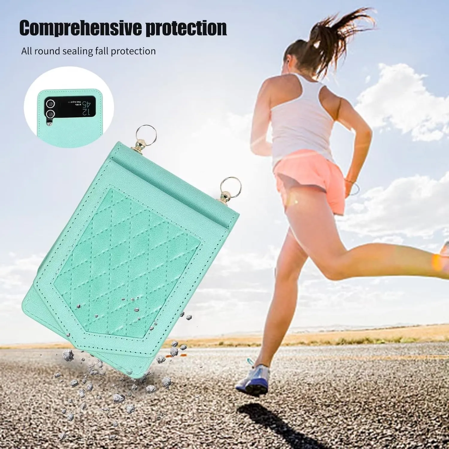 Back Mirror Flip Case for Samsung Galaxy Z Flip 4 5G, Luxury RFID Crossbody Shockproof PU Leather, Slot Card Wallet Case with Holder Kickstand, Detachable Shoulder Strap Handbag Gift(MintGreen)