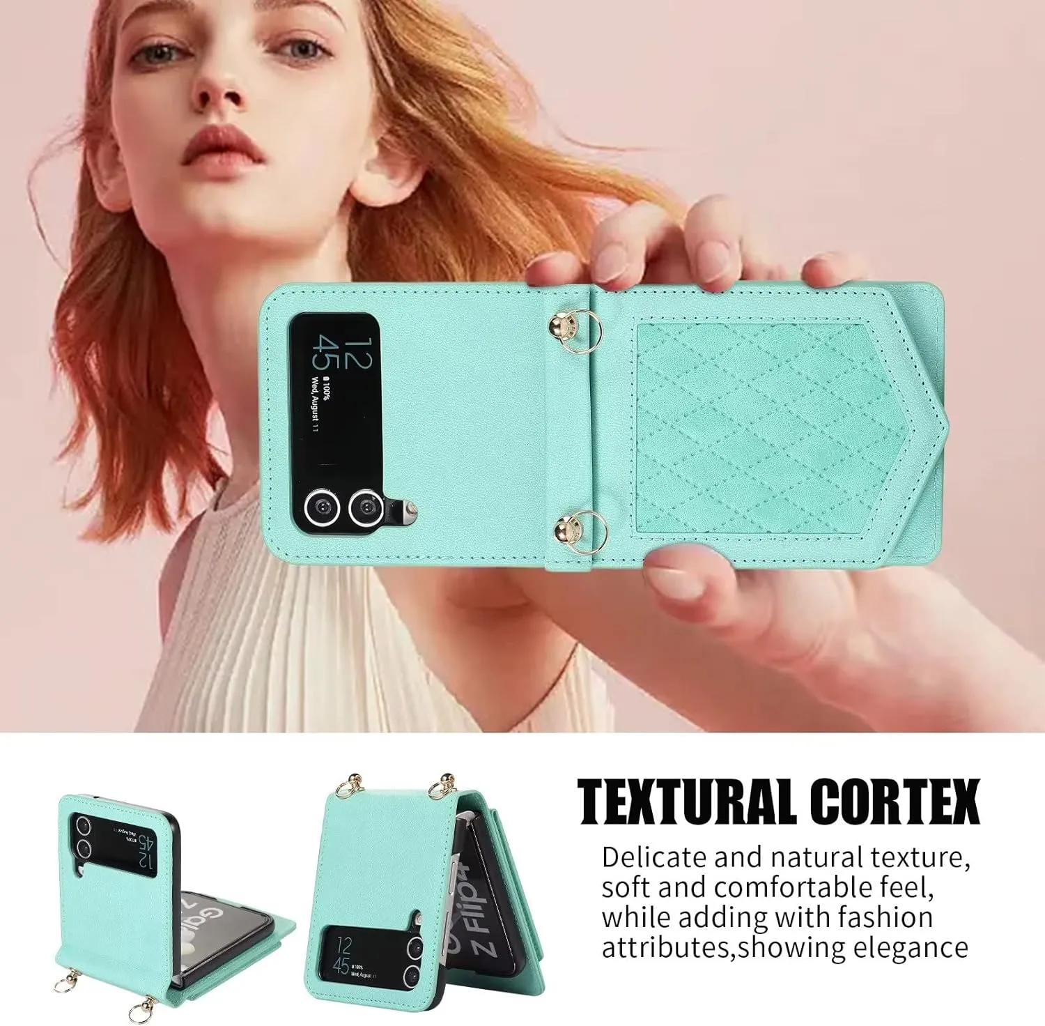 Back Mirror Flip Case for Samsung Galaxy Z Flip 4 5G, Luxury RFID Crossbody Shockproof PU Leather, Slot Card Wallet Case with Holder Kickstand, Detachable Shoulder Strap Handbag Gift(MintGreen)