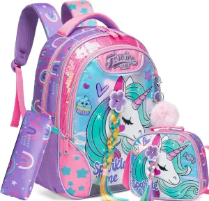Backpack for Girls 16" Backpacks for Girls for School Sequin Backpack with Lunch Box for Elementary Students