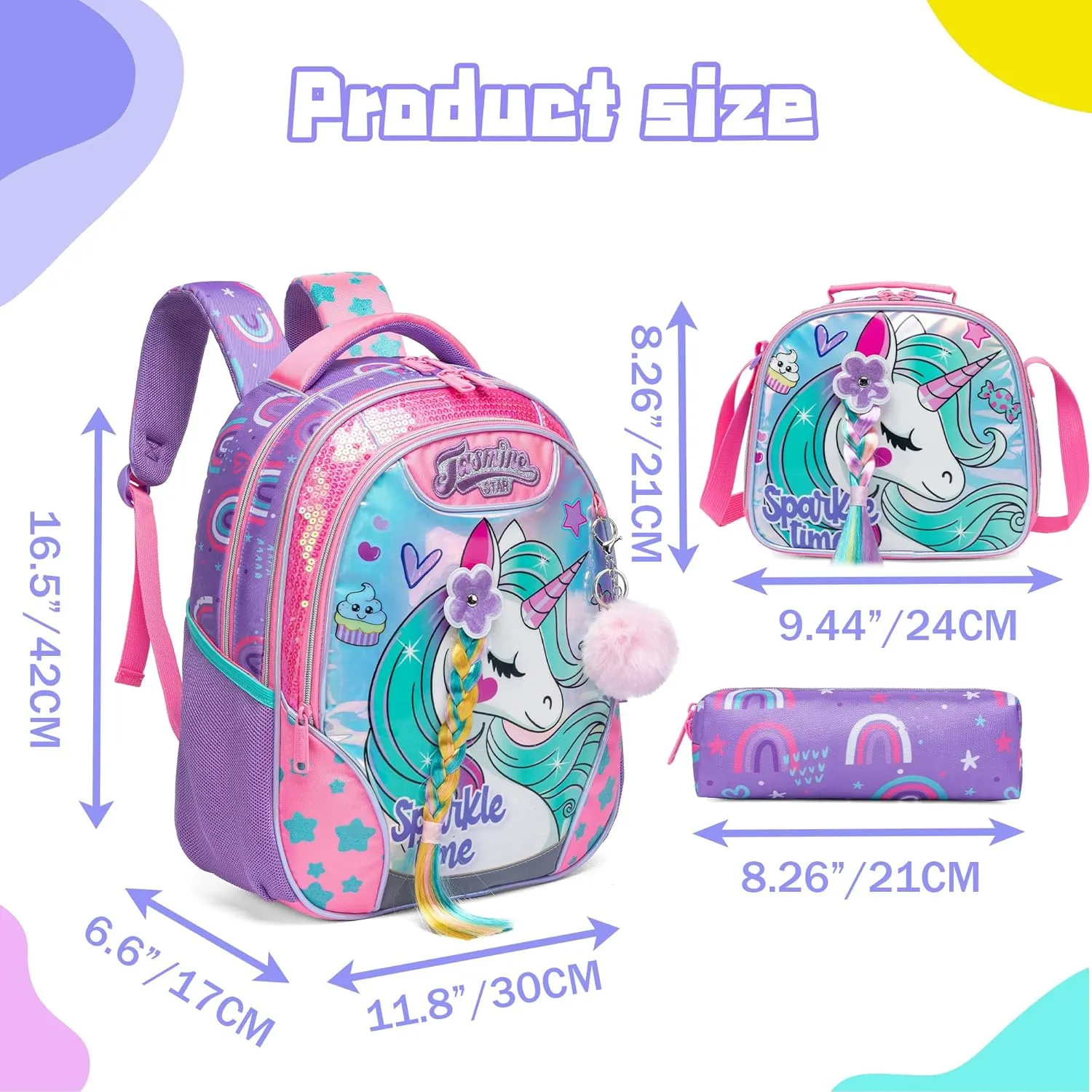 Backpack for Girls 16" Backpacks for Girls for School Sequin Backpack with Lunch Box for Elementary Students