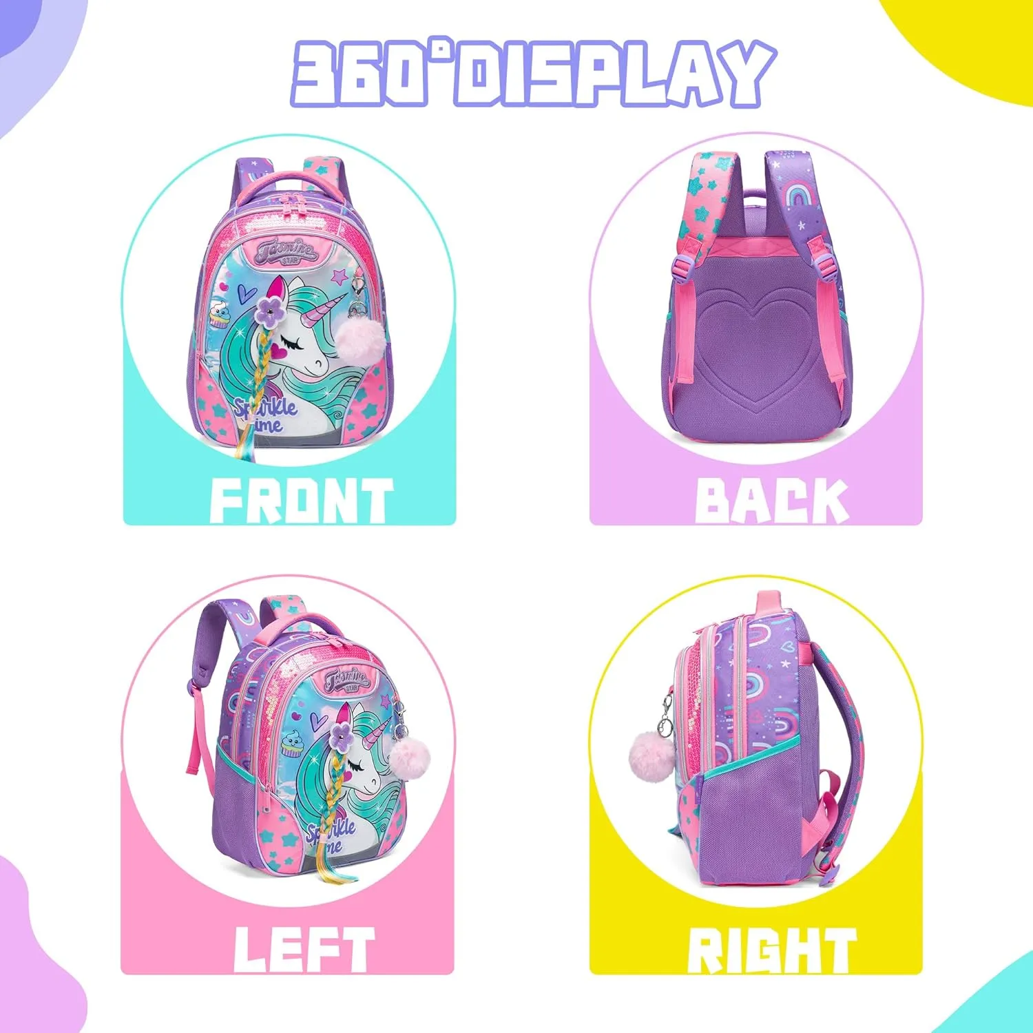 Backpack for Girls 16" Backpacks for Girls for School Sequin Backpack with Lunch Box for Elementary Students
