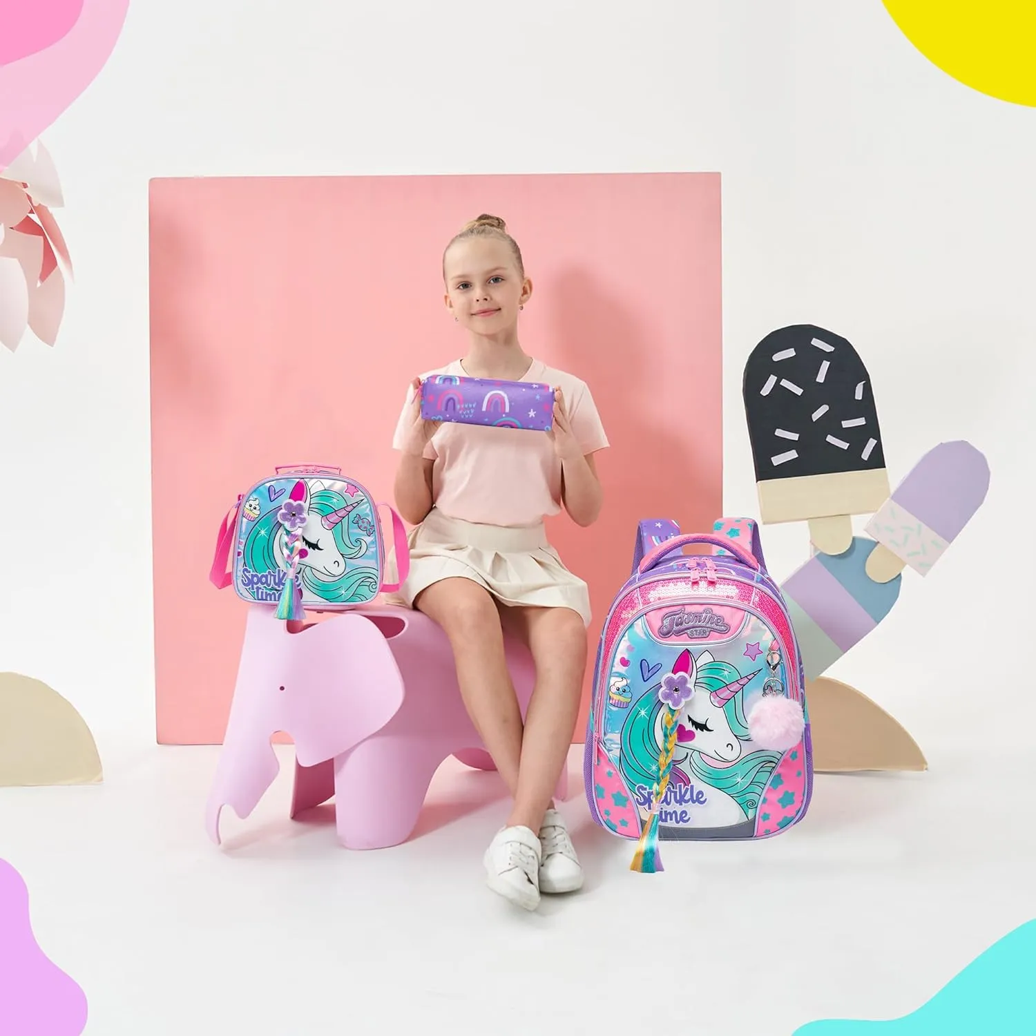 Backpack for Girls 16" Backpacks for Girls for School Sequin Backpack with Lunch Box for Elementary Students