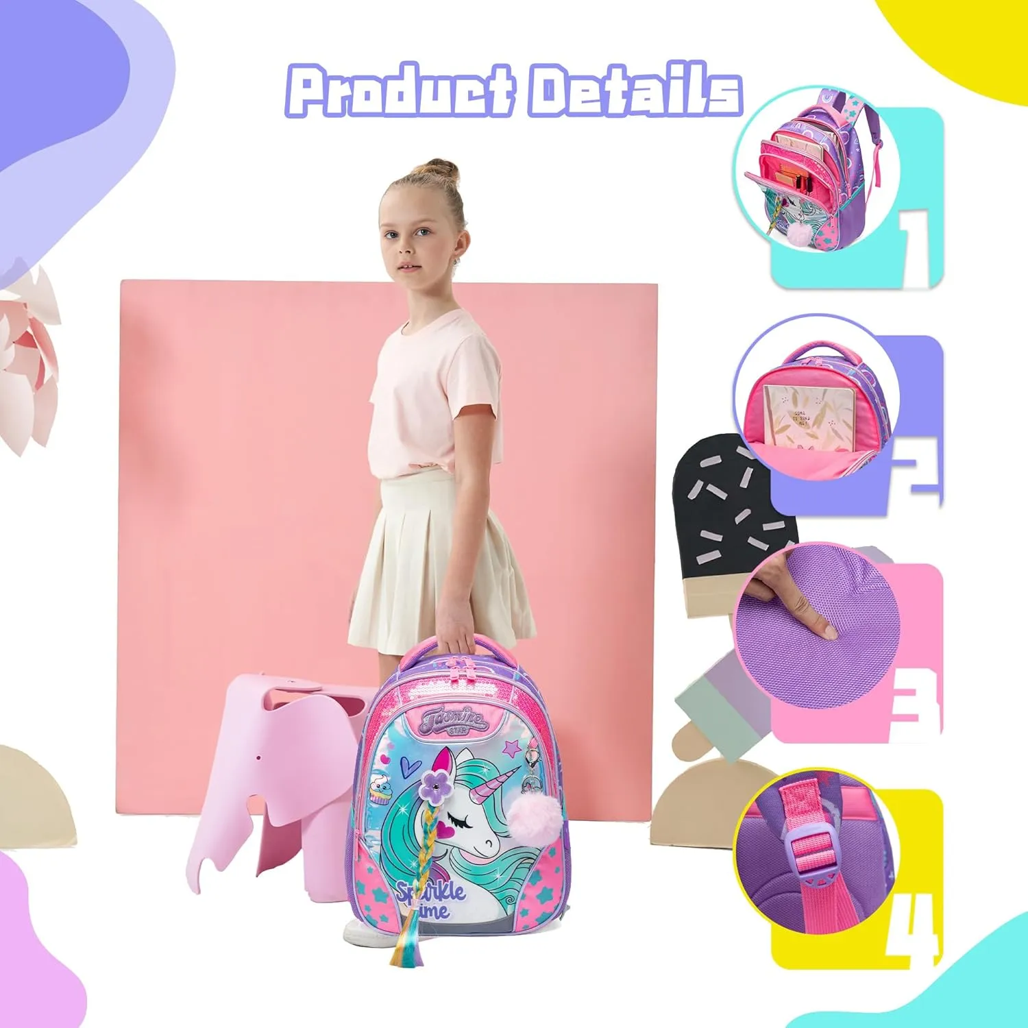 Backpack for Girls 16" Backpacks for Girls for School Sequin Backpack with Lunch Box for Elementary Students