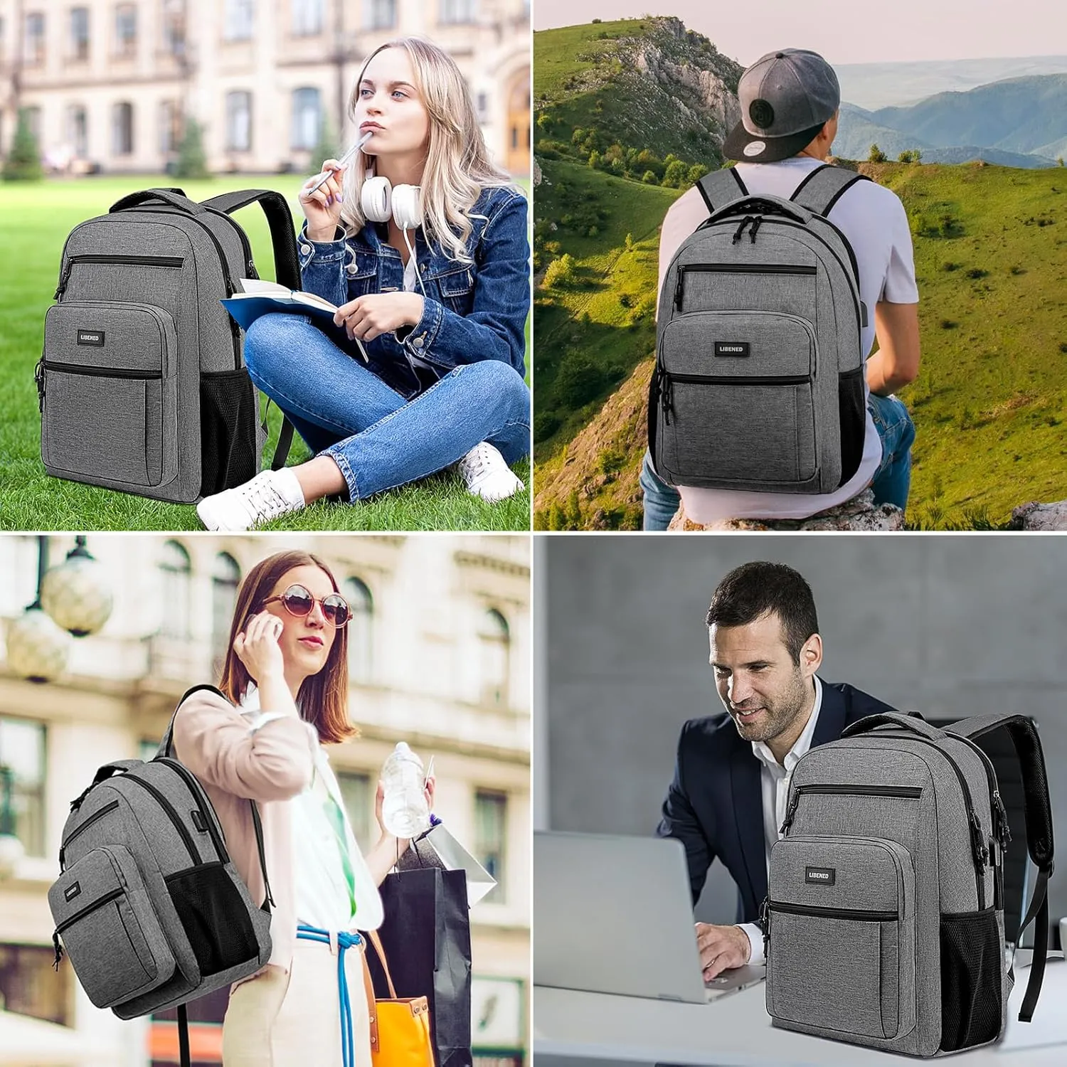 Backpack for Women Men, School Backpack for Teen Boys,17.3 inch Laptop Back Pack for High School and College Students with USB Charging Port, Large Computer Bookbag, Grey