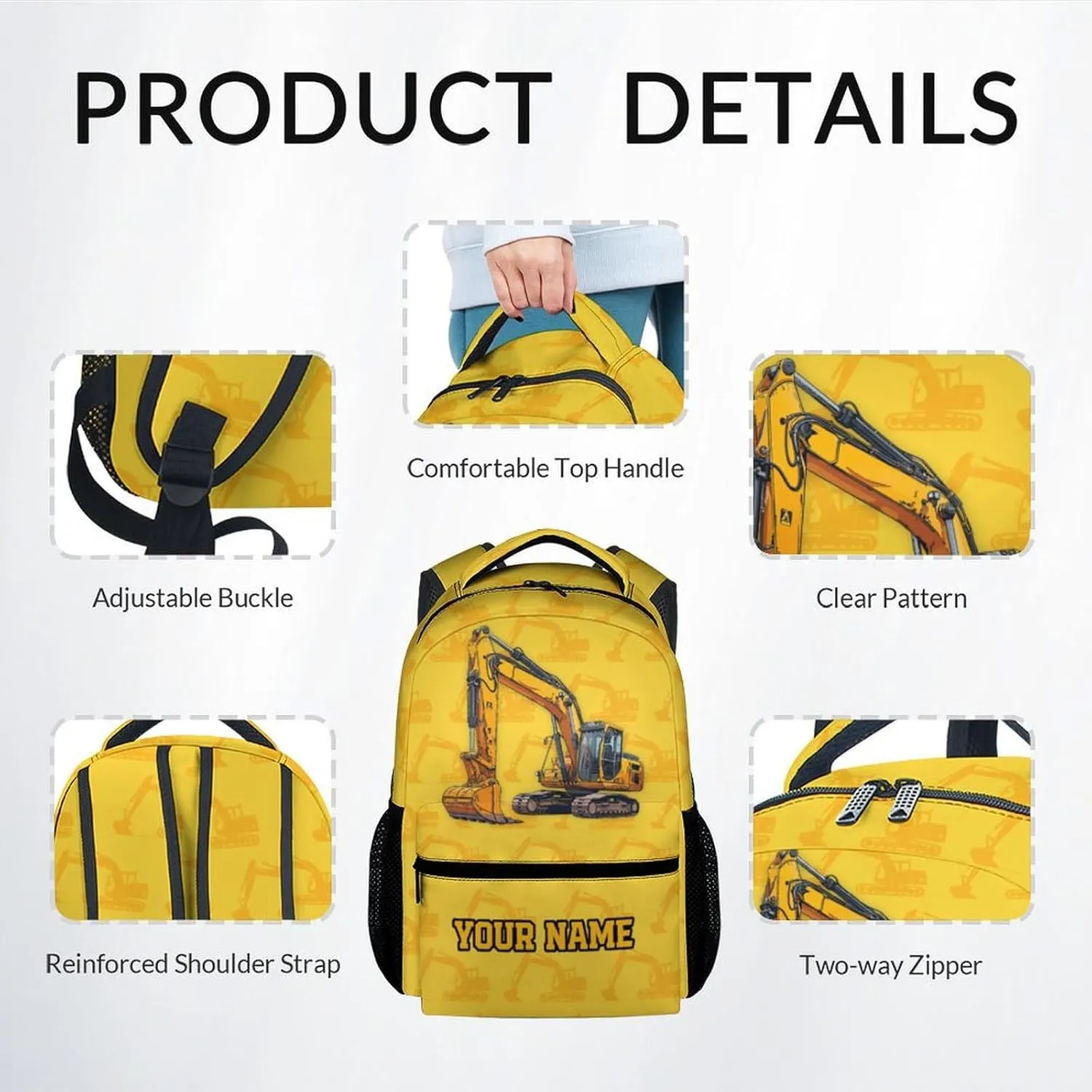 Backpack with Lunch Box for School, 17 Inch Custom Digger Bookbag Set for Elementary Middle, 3 in 1 Cute Excavator Backpacks for Kids Boys