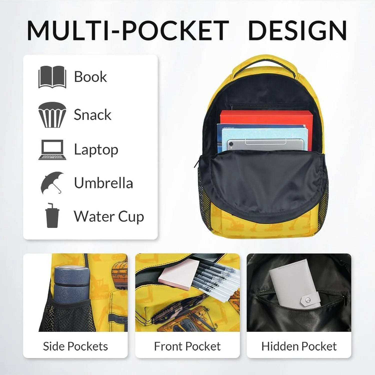 Backpack with Lunch Box for School, 17 Inch Custom Digger Bookbag Set for Elementary Middle, 3 in 1 Cute Excavator Backpacks for Kids Boys