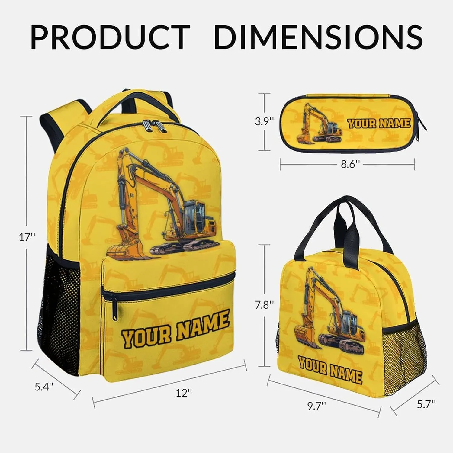 Backpack with Lunch Box for School, 17 Inch Custom Digger Bookbag Set for Elementary Middle, 3 in 1 Cute Excavator Backpacks for Kids Boys