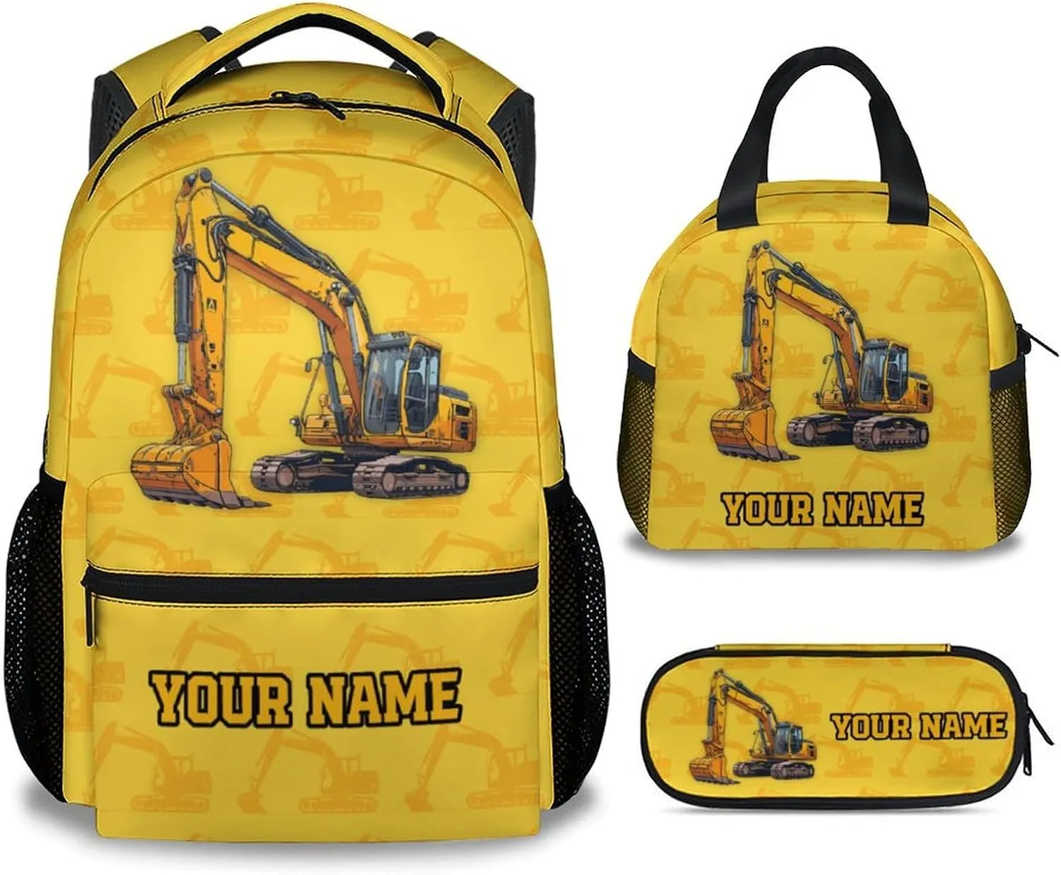 Backpack with Lunch Box for School, 17 Inch Custom Digger Bookbag Set for Elementary Middle, 3 in 1 Cute Excavator Backpacks for Kids Boys