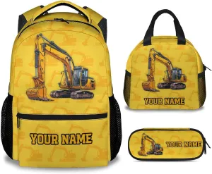 Backpack with Lunch Box for School, 17 Inch Custom Digger Bookbag Set for Elementary Middle, 3 in 1 Cute Excavator Backpacks for Kids Boys
