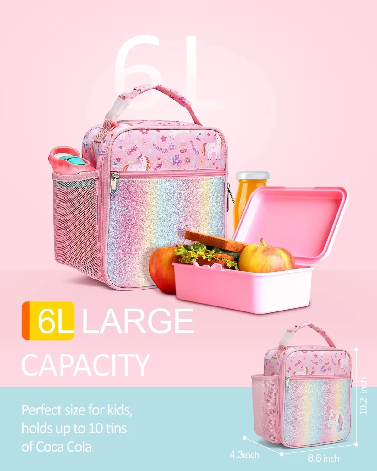 Bagseri Kids Lunch Box Girls - Insulated Kids Lunch Bag for Girls Portable Reusable Toddler Lunch Cooler Bag for School, Water-resistant Lining（Glitter Unicorn,Pink）