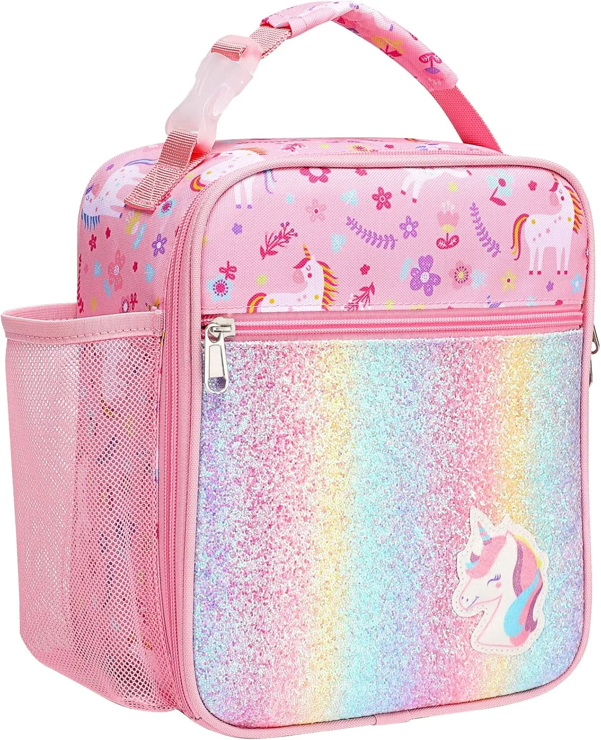 Bagseri Kids Lunch Box Girls - Insulated Kids Lunch Bag for Girls Portable Reusable Toddler Lunch Cooler Bag for School, Water-resistant Lining（Glitter Unicorn,Pink）