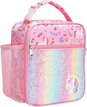 Bagseri Kids Lunch Box Girls - Insulated Kids Lunch Bag for Girls Portable Reusable Toddler Lunch Cooler Bag for School, Water-resistant Lining（Glitter Unicorn,Pink）