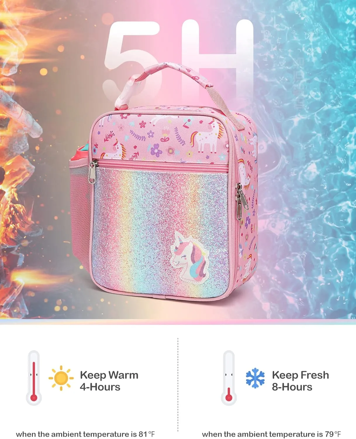 Bagseri Kids Lunch Box Girls - Insulated Kids Lunch Bag for Girls Portable Reusable Toddler Lunch Cooler Bag for School, Water-resistant Lining（Glitter Unicorn,Pink）