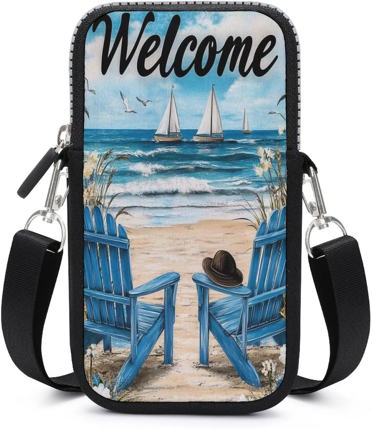 Beach Scene Includes Two Blue Chairs Crossbody Mobile Phone Bag Smartphone Bag With Adjustable Strap