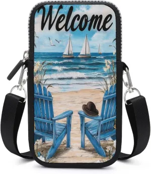 Beach Scene Includes Two Blue Chairs Crossbody Mobile Phone Bag Smartphone Bag With Adjustable Strap