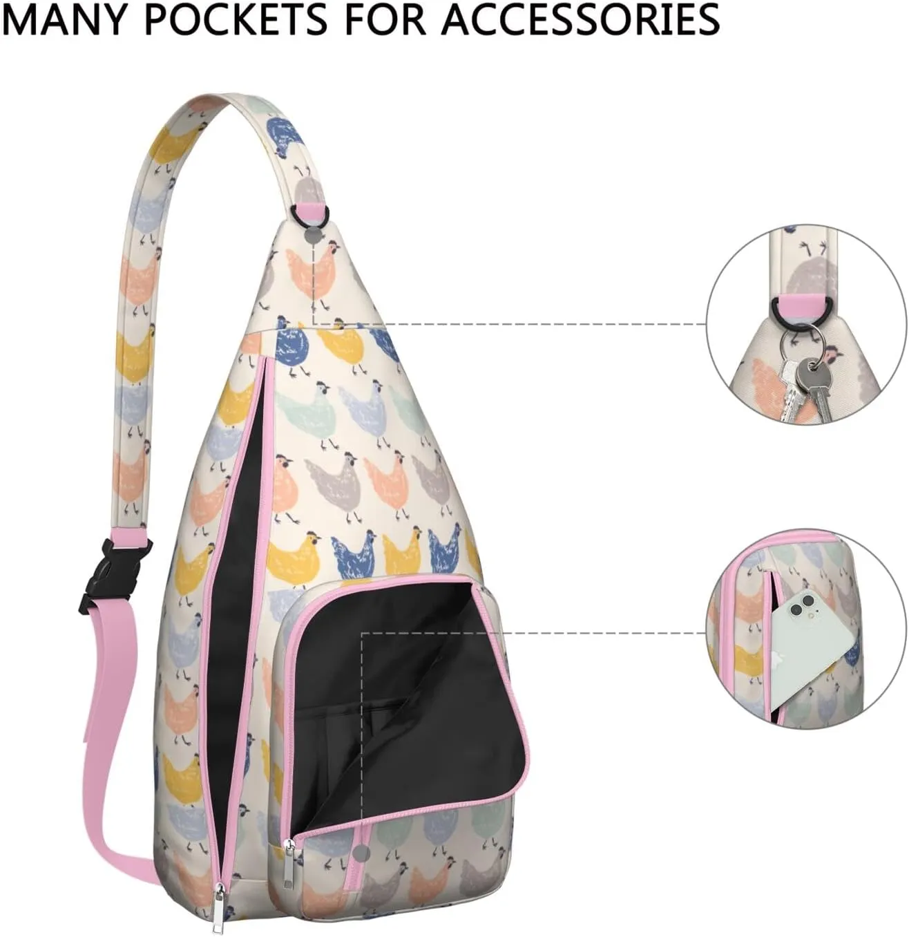 Beautiful Cream Colorful Chicken Crossbody Bag Daypack for Women Men Lightweight Waterproof Sling Bag Backpack Hiking Cycling