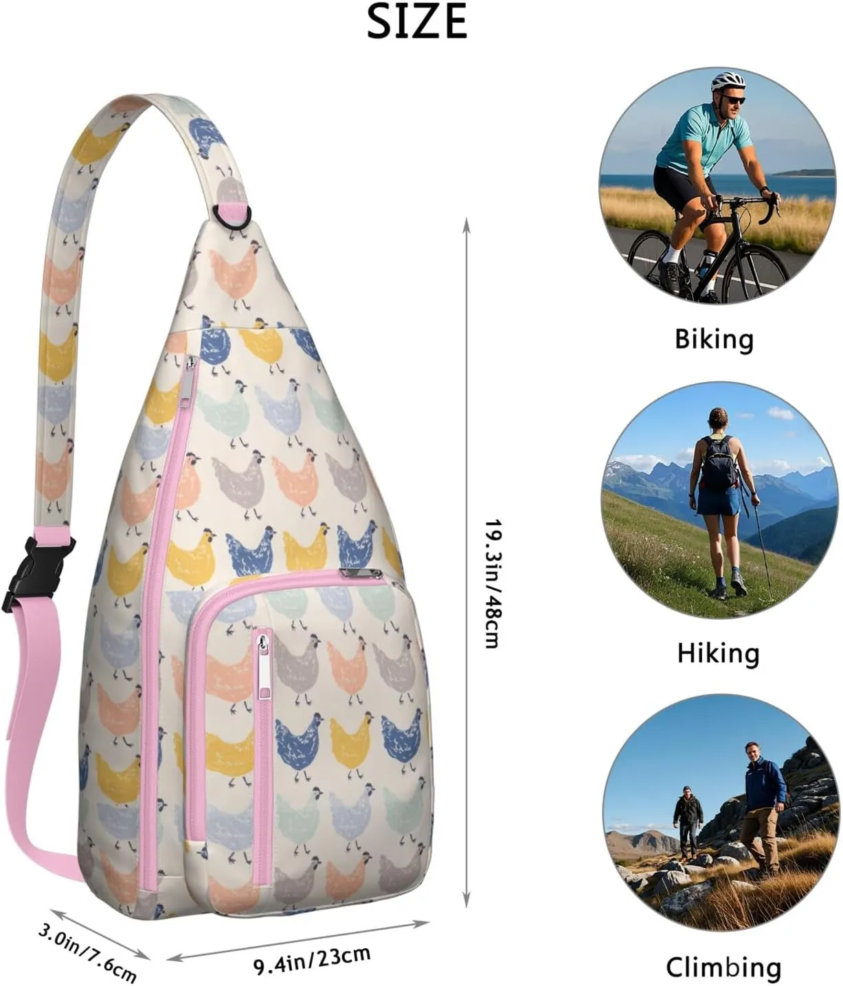 Beautiful Cream Colorful Chicken Crossbody Bag Daypack for Women Men Lightweight Waterproof Sling Bag Backpack Hiking Cycling