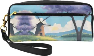 beautiful river windmill Print Leather Small Makeup Bag â€“ Travel Toiletry Bag for Women, Reusable Cosmetic Pouch with Zipper