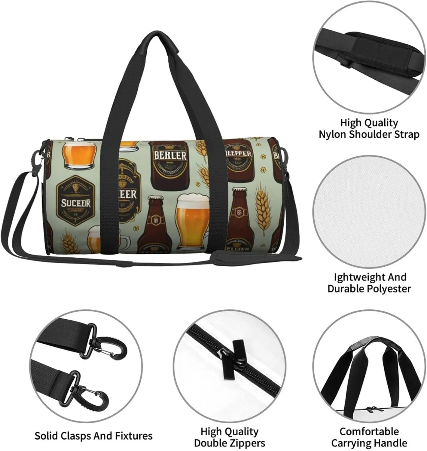Beer Printed Travel Bag,Round Personal Item Storage bag,Foldie Duffel Bag for Traveling Vacation,Fitness,Sports