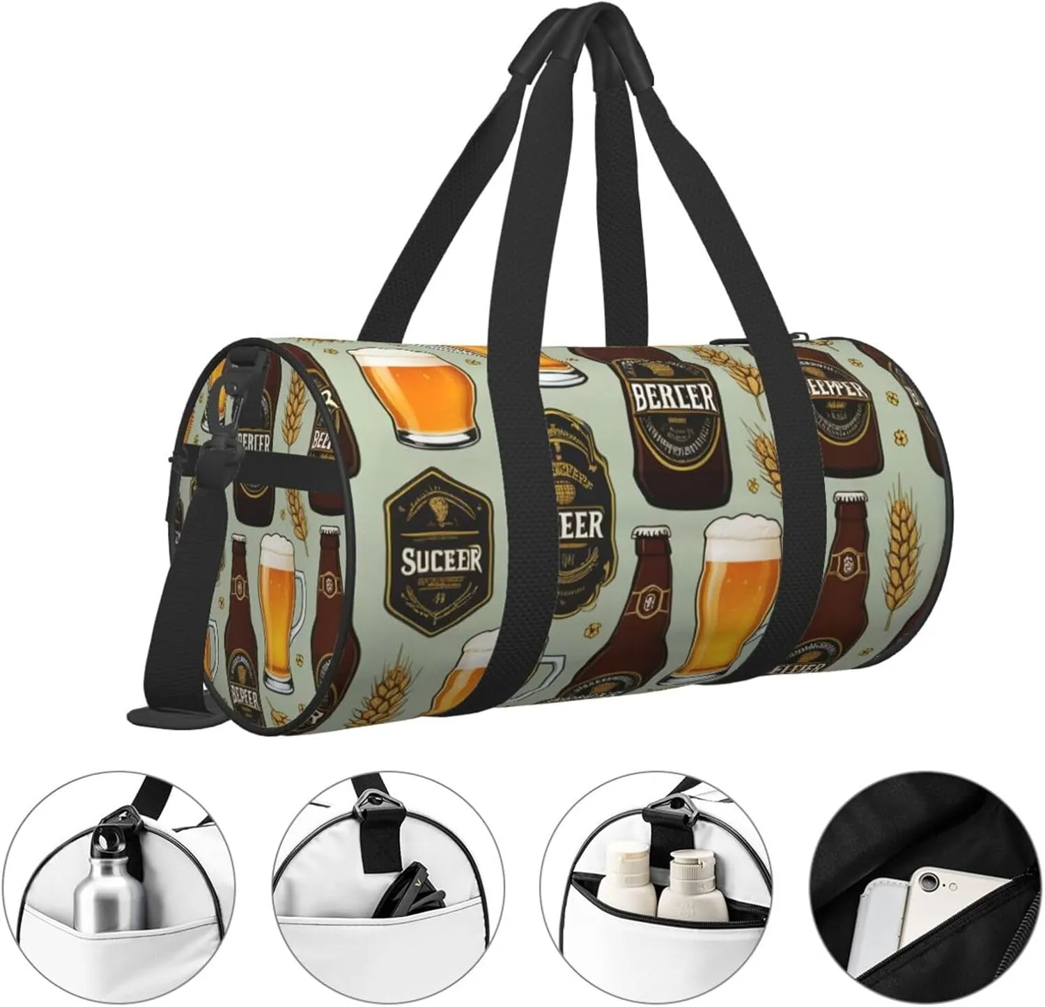 Beer Printed Travel Bag,Round Personal Item Storage bag,Foldie Duffel Bag for Traveling Vacation,Fitness,Sports