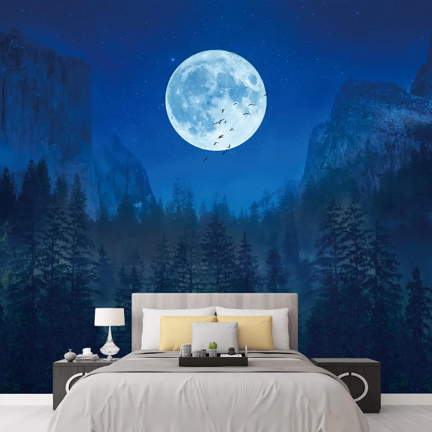 Birds Moon Custom Mural, Alpine Forest Peel and Stick Wallpaper Natural Scenery 3D Poster Photo Wallpaper Bedroom Living Room Background Wall Mural,158"Wx110"H
