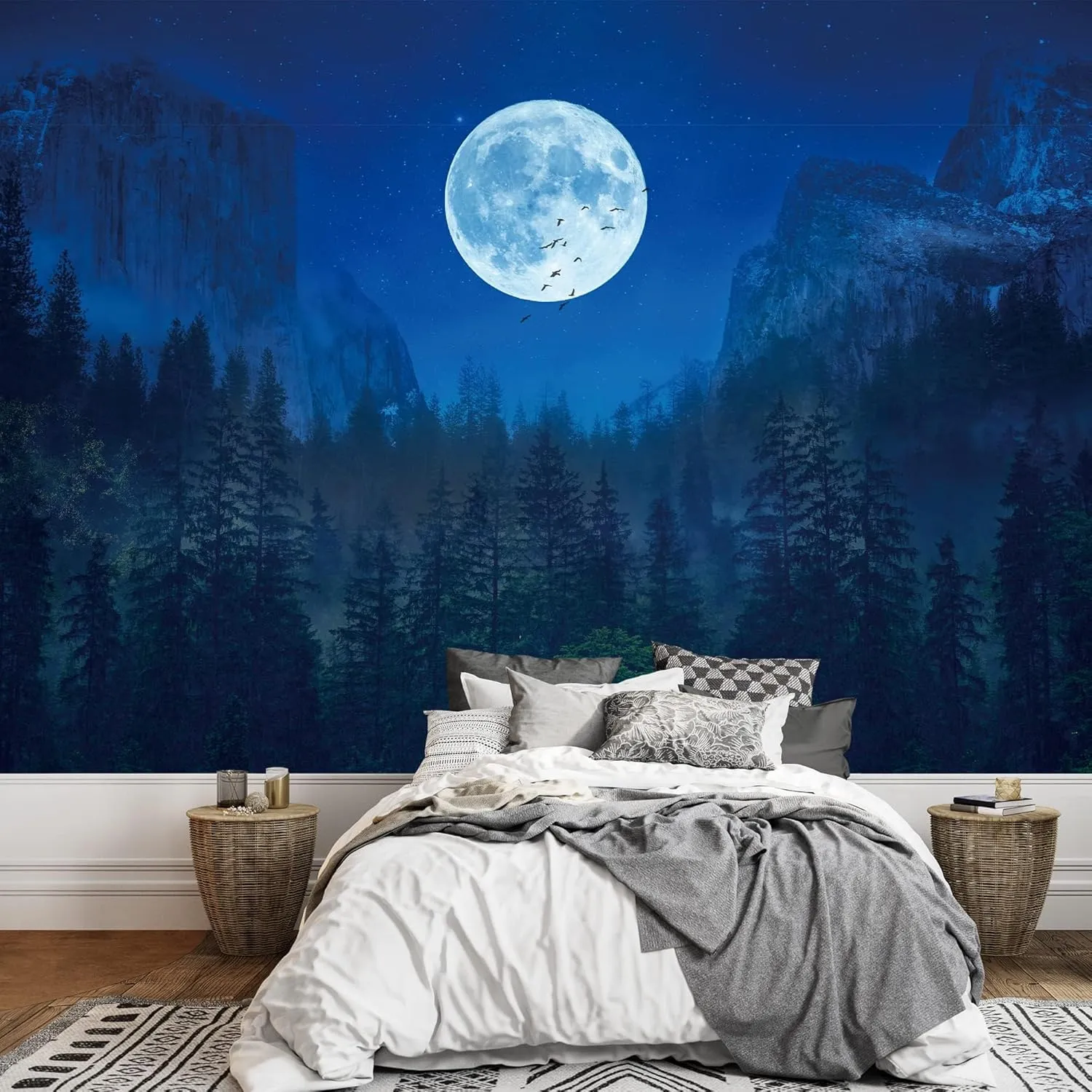 Birds Moon Custom Mural, Alpine Forest Peel and Stick Wallpaper Natural Scenery 3D Poster Photo Wallpaper Bedroom Living Room Background Wall Mural,158"Wx110"H