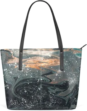 Black Fluid Art Tote Bag for Women Leather Shoulder Handbag with Zipper and Pockets Fashion Casual Handle Bag Purse for Travel Beach Working Laptop School Gym Shopping