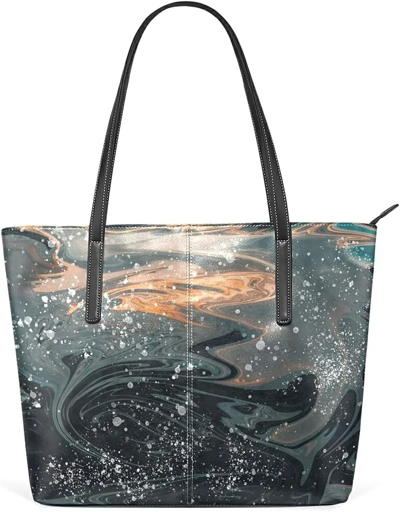 Black Fluid Art Tote Bag for Women Leather Shoulder Handbag with Zipper and Pockets Fashion Casual Handle Bag Purse for Travel Beach Working Laptop School Gym Shopping