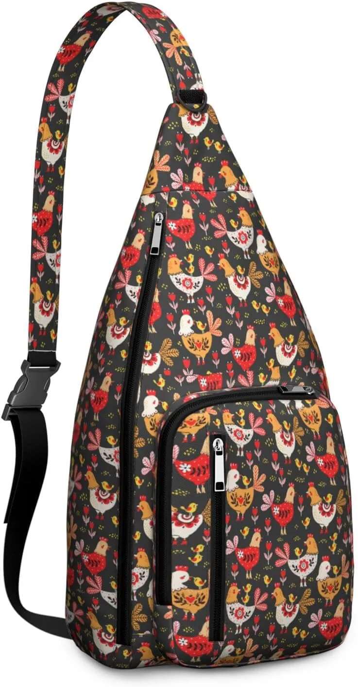 Black Yard Chick and Rooster Crossbody Bag Daypack for Women Men Lightweight Waterproof Sling Bag Backpack Hiking Cycling