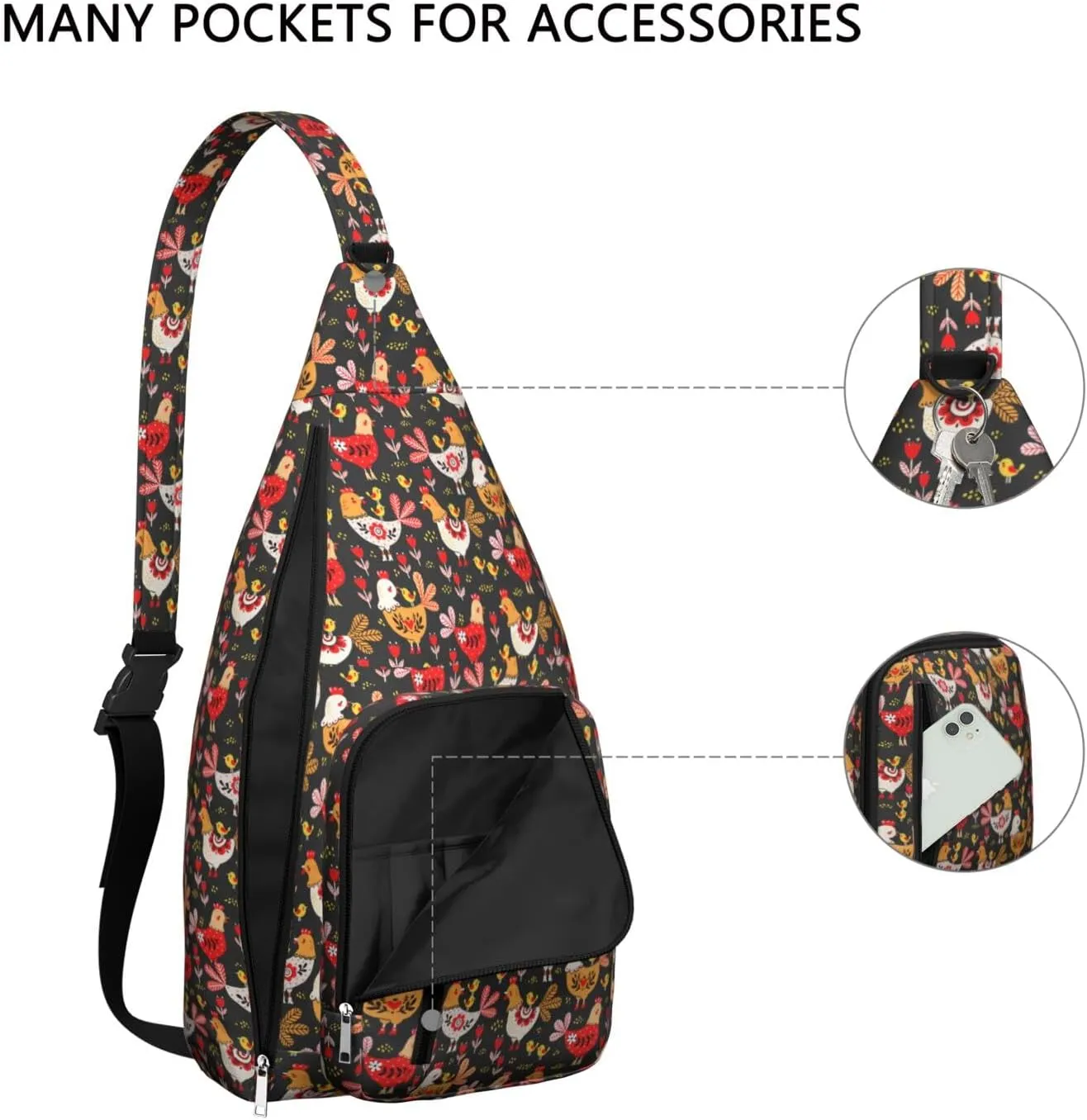 Black Yard Chick and Rooster Crossbody Bag Daypack for Women Men Lightweight Waterproof Sling Bag Backpack Hiking Cycling