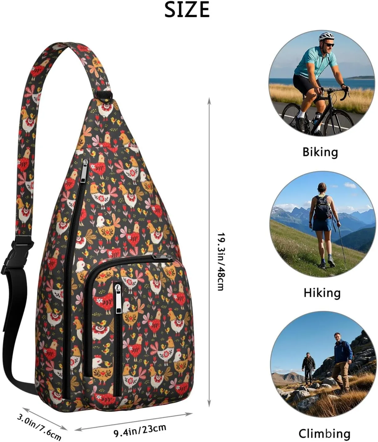 Black Yard Chick and Rooster Crossbody Bag Daypack for Women Men Lightweight Waterproof Sling Bag Backpack Hiking Cycling