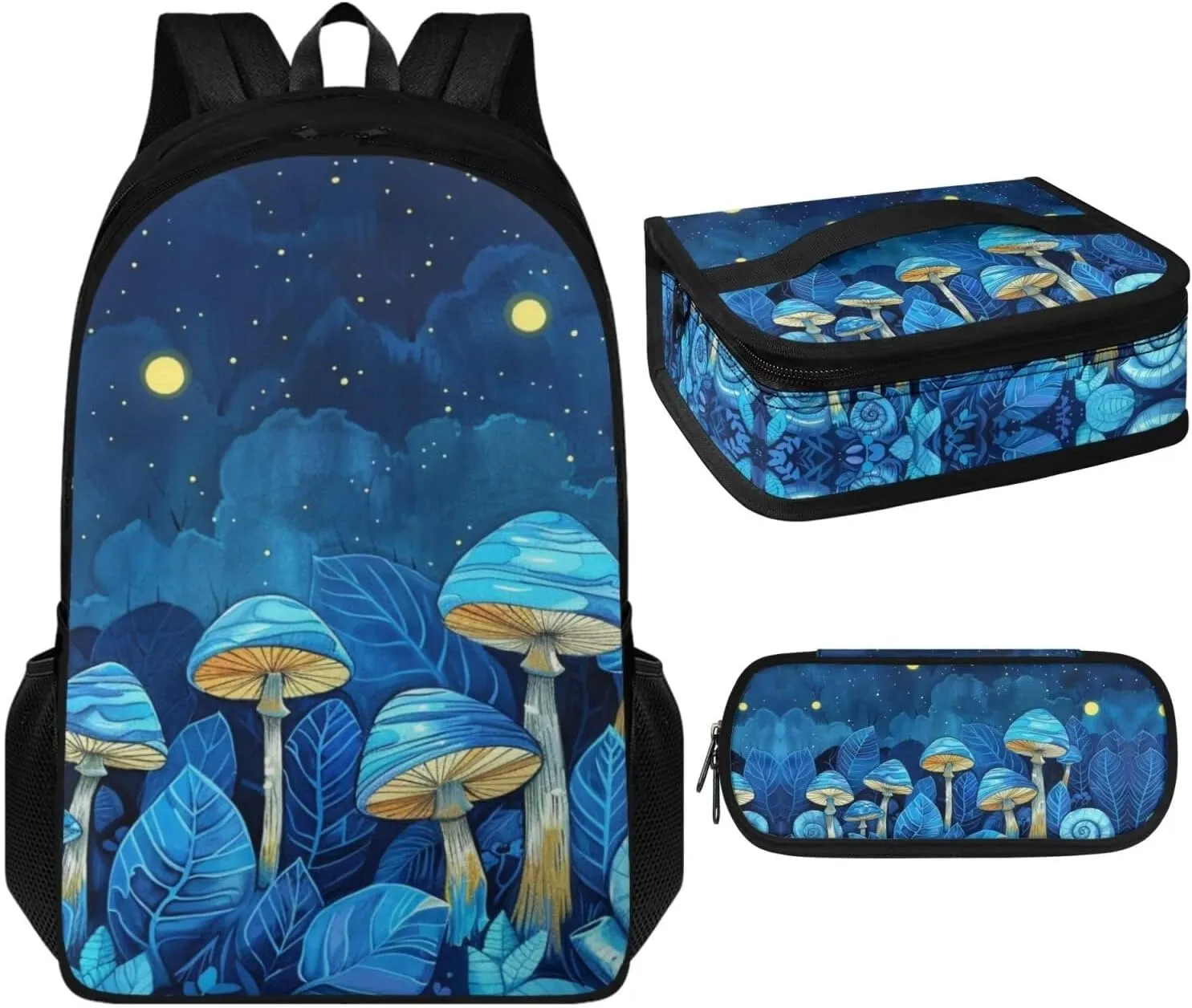 Blue Mushroom Backpacks for Girls for 5Th Grade Sky Bookbags for Teen Girls with Lunch Box 3Pcs Grils Back Pack with Flowers Print for High School Kids Casual Daypack with Bottle Pockets