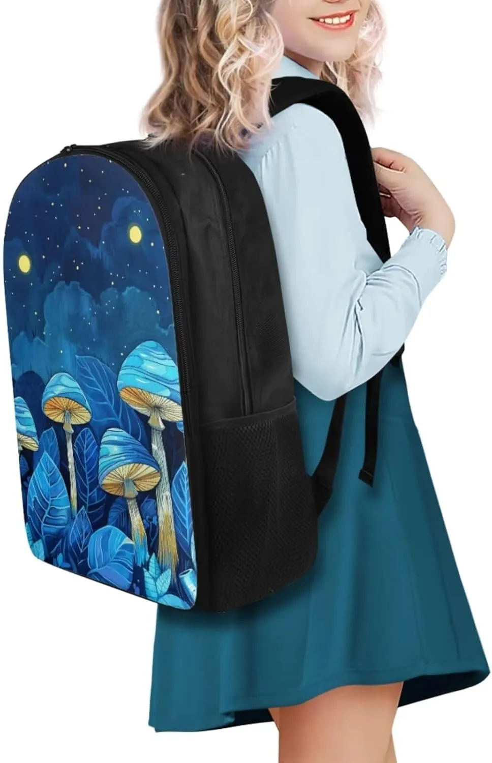 Blue Mushroom Backpacks for Girls for 5Th Grade Sky Bookbags for Teen Girls with Lunch Box 3Pcs Grils Back Pack with Flowers Print for High School Kids Casual Daypack with Bottle Pockets