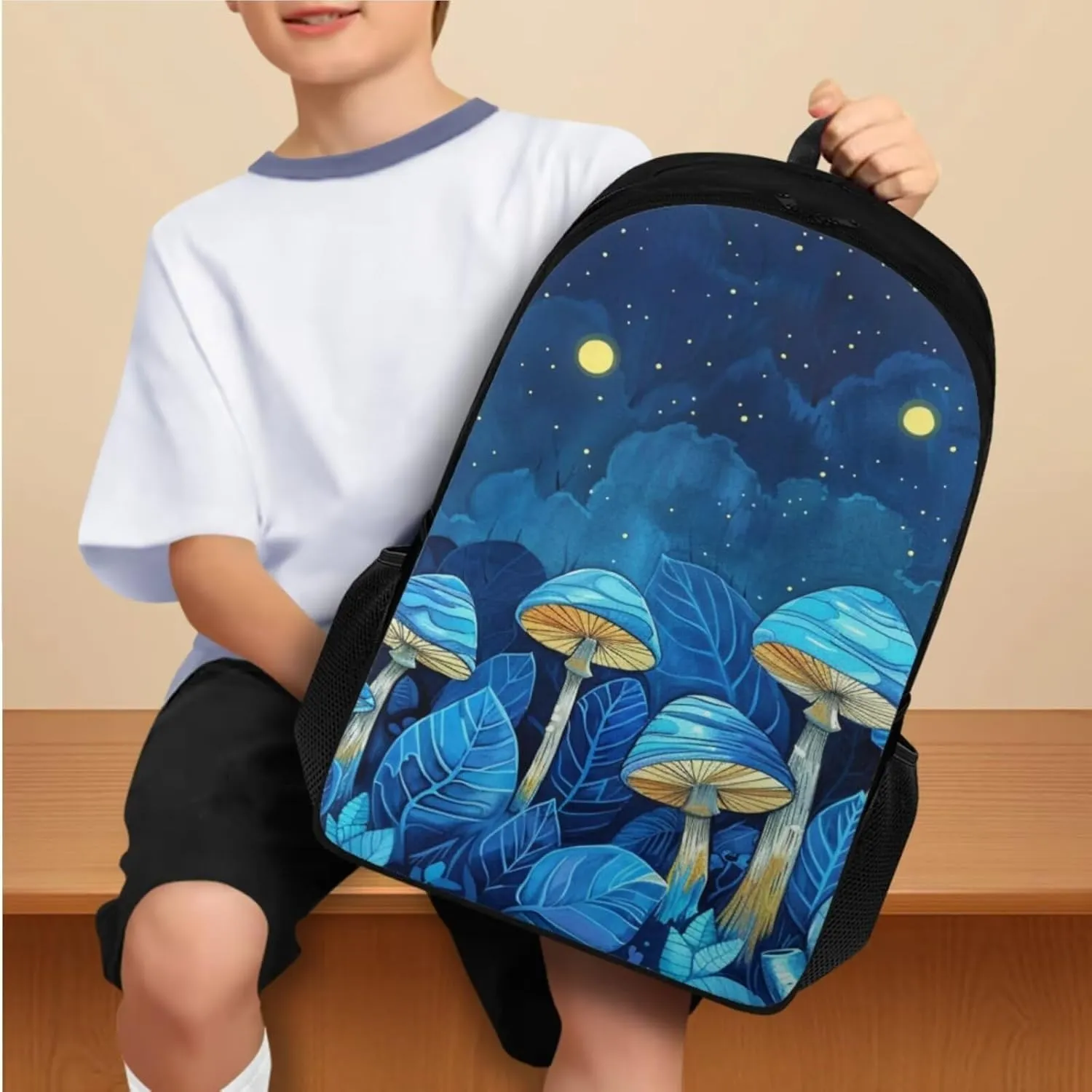 Blue Mushroom Backpacks for Girls for 5Th Grade Sky Bookbags for Teen Girls with Lunch Box 3Pcs Grils Back Pack with Flowers Print for High School Kids Casual Daypack with Bottle Pockets