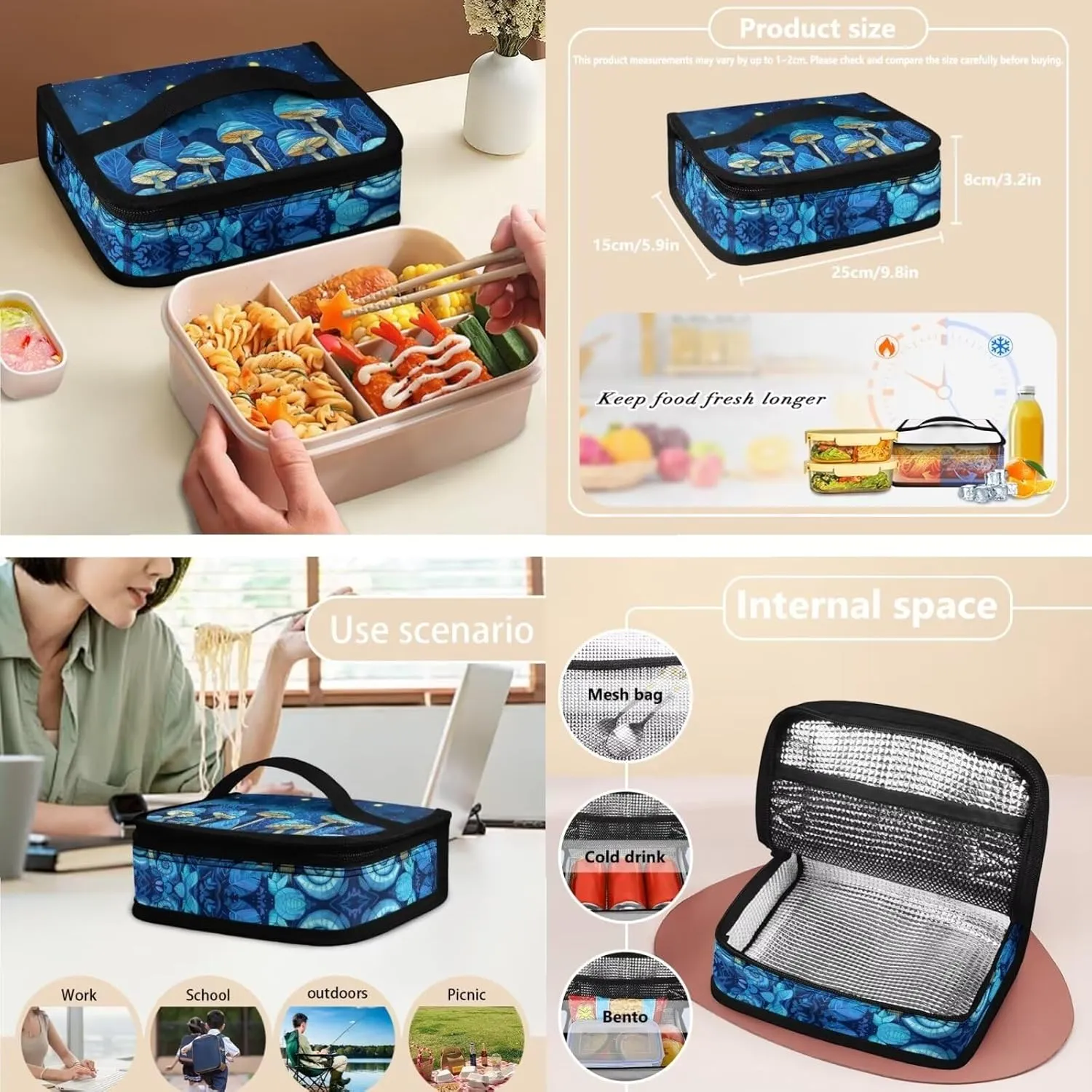 Blue Mushroom Backpacks for Girls for 5Th Grade Sky Bookbags for Teen Girls with Lunch Box 3Pcs Grils Back Pack with Flowers Print for High School Kids Casual Daypack with Bottle Pockets