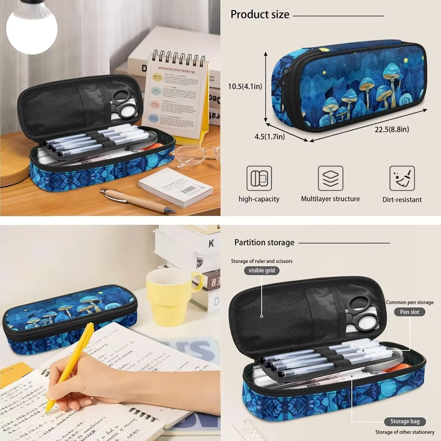 Blue Mushroom Backpacks for Girls for 5Th Grade Sky Bookbags for Teen Girls with Lunch Box 3Pcs Grils Back Pack with Flowers Print for High School Kids Casual Daypack with Bottle Pockets
