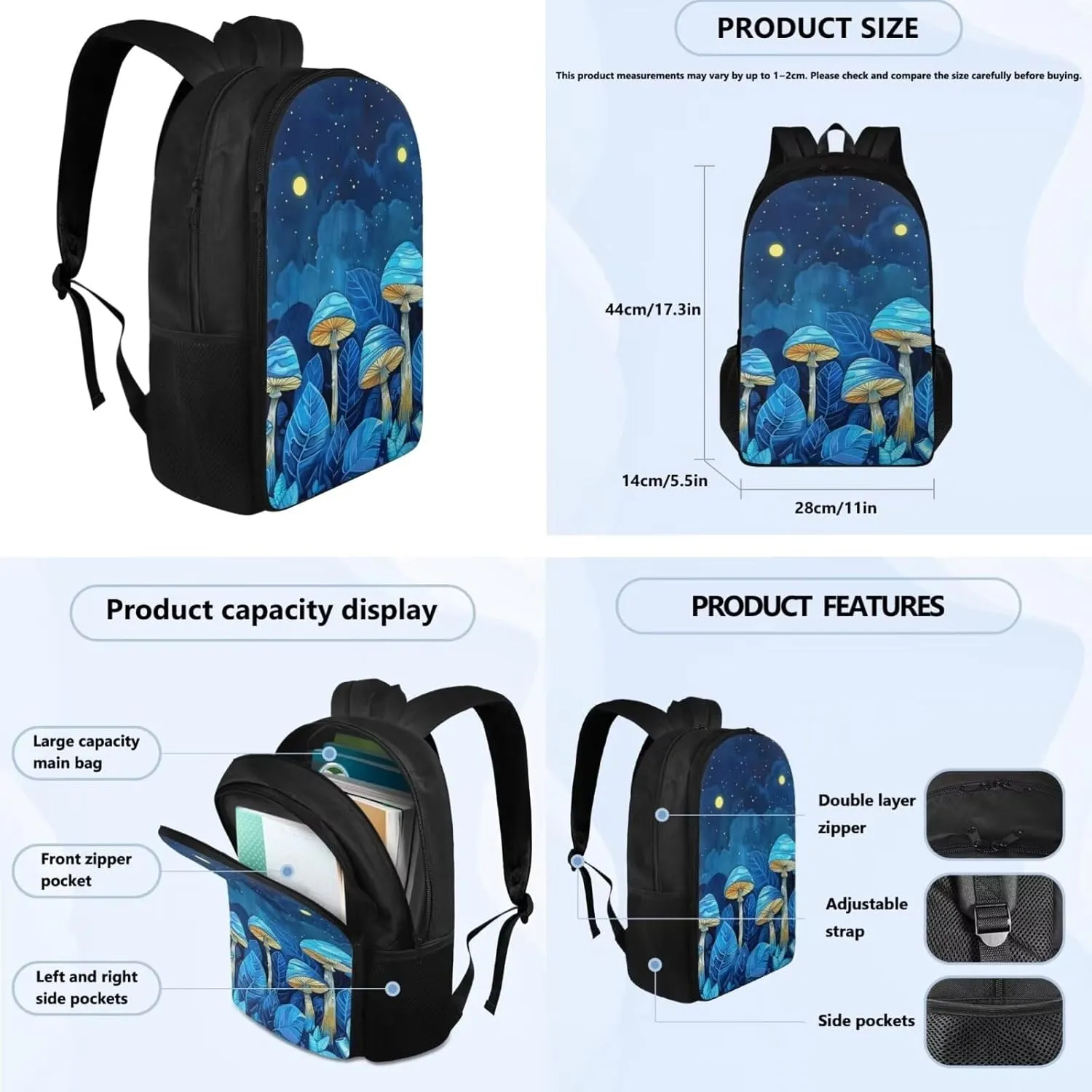Blue Mushroom Backpacks for Girls for 5Th Grade Sky Bookbags for Teen Girls with Lunch Box 3Pcs Grils Back Pack with Flowers Print for High School Kids Casual Daypack with Bottle Pockets