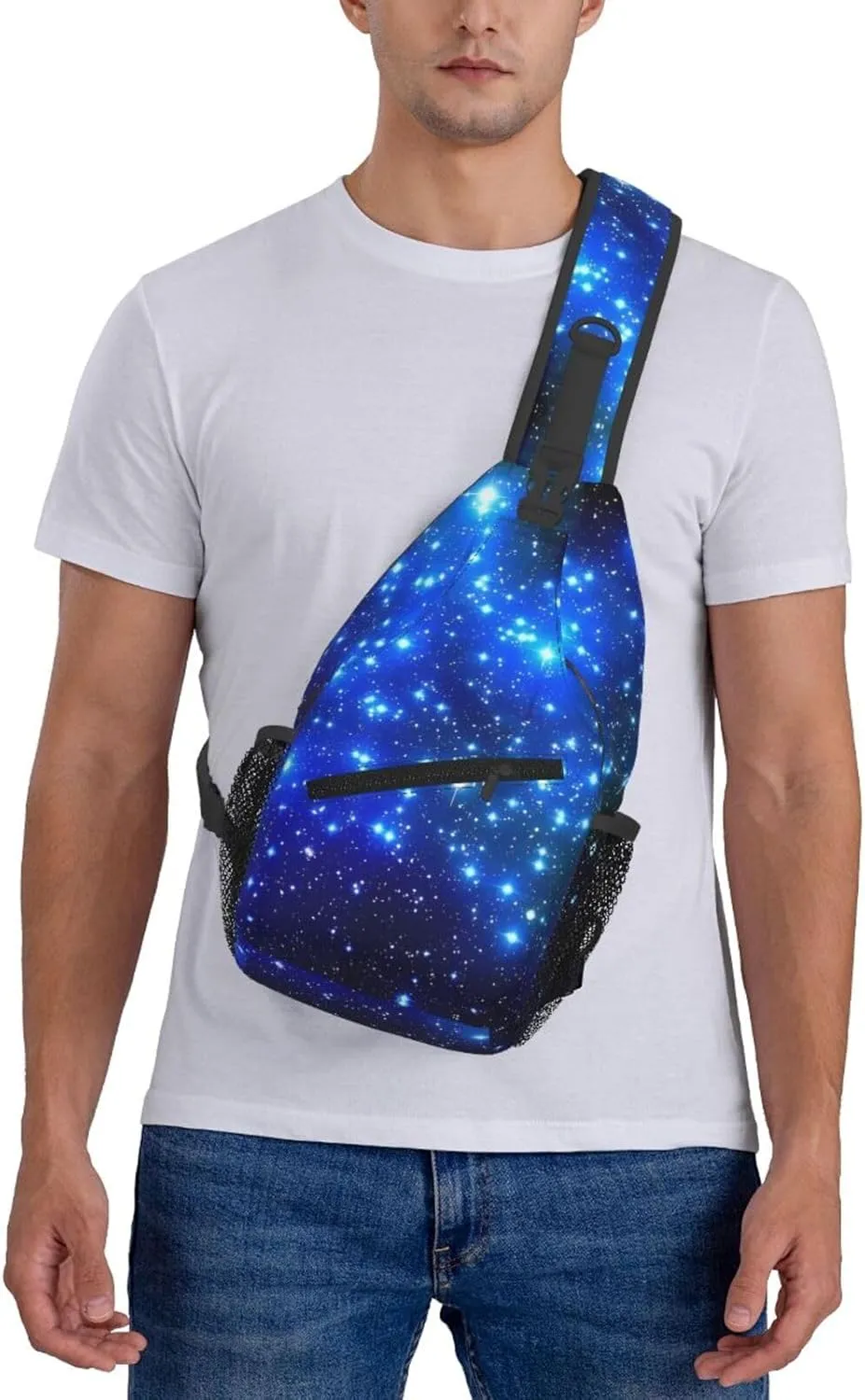 Blue Shining Stars Print Men's Cross Chest Bag Diagonally, Cute Crossbody Shoulder Backpack, 7.5" L x 3.5" W x 15.3" H