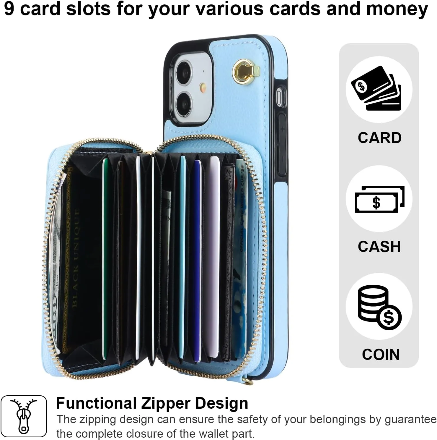 Bocasal Crossbody Wallet Case for iPhone 12/12 Pro, RFID Blocking Leather Purse Case with Card Holder, Protective Handbag Flip Cover with Zipper Wrist Strap Lanyard for Women 5G 6.1 Inch (Blue)