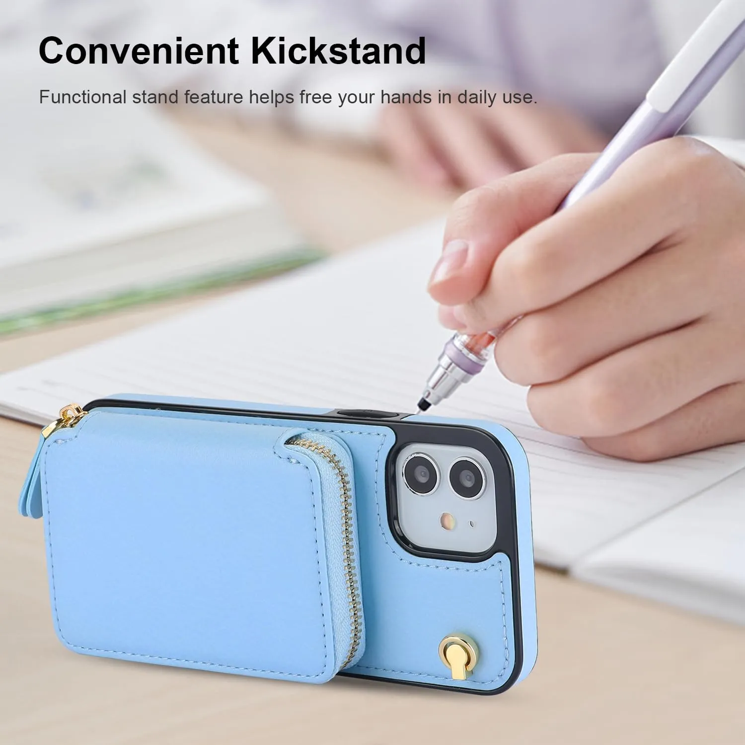 Bocasal Crossbody Wallet Case for iPhone 12/12 Pro, RFID Blocking Leather Purse Case with Card Holder, Protective Handbag Flip Cover with Zipper Wrist Strap Lanyard for Women 5G 6.1 Inch (Blue)