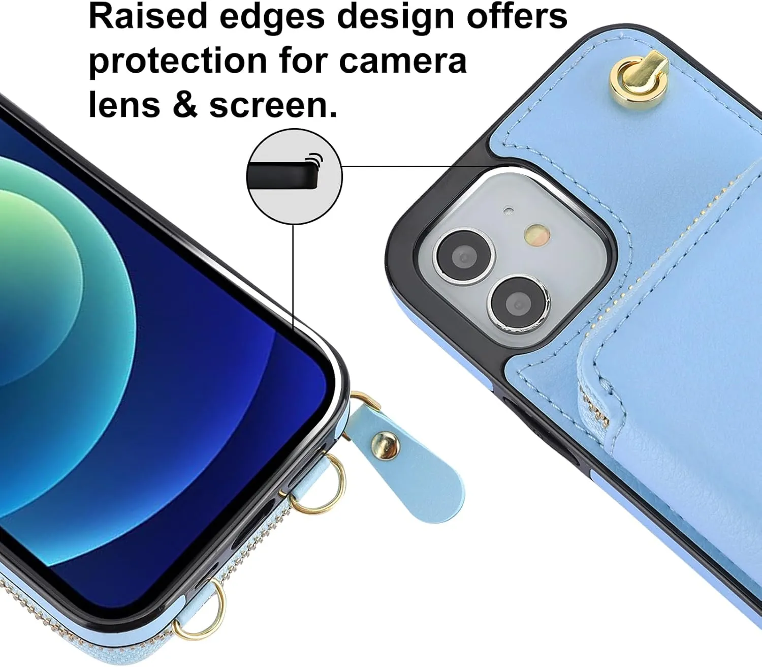 Bocasal Crossbody Wallet Case for iPhone 12/12 Pro, RFID Blocking Leather Purse Case with Card Holder, Protective Handbag Flip Cover with Zipper Wrist Strap Lanyard for Women 5G 6.1 Inch (Blue)