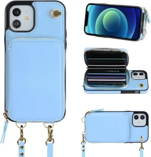 Bocasal Crossbody Wallet Case for iPhone 12/12 Pro, RFID Blocking Leather Purse Case with Card Holder, Protective Handbag Flip Cover with Zipper Wrist Strap Lanyard for Women 5G 6.1 Inch (Blue)