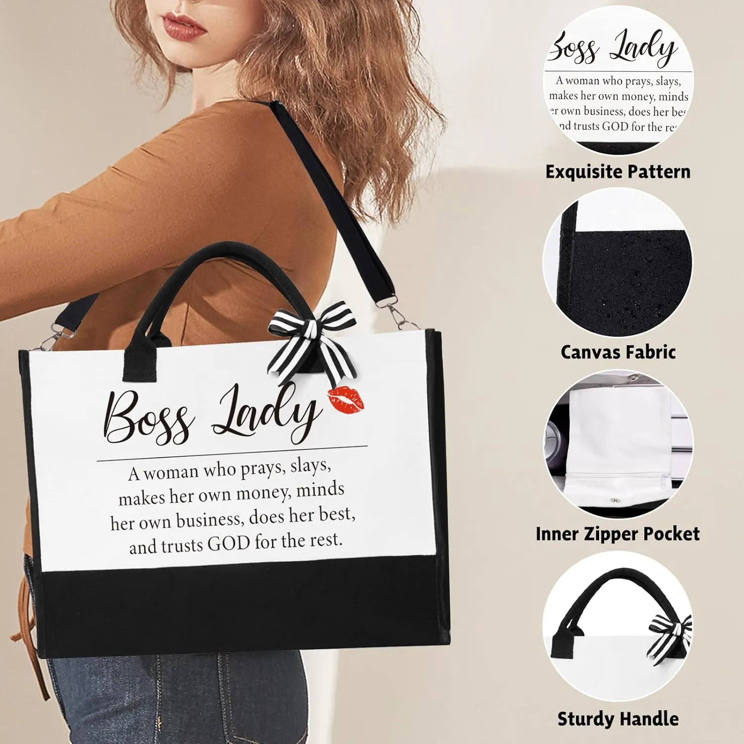Boss Lady Gifts for Women, Best Boss Gifts for Bosses Female, Funny Birthday Christmas Thanksgiving Administrative Professional Day Gift, Office Appreciation Work Bestie Gift Set, 16oz Canvas Tote Bag