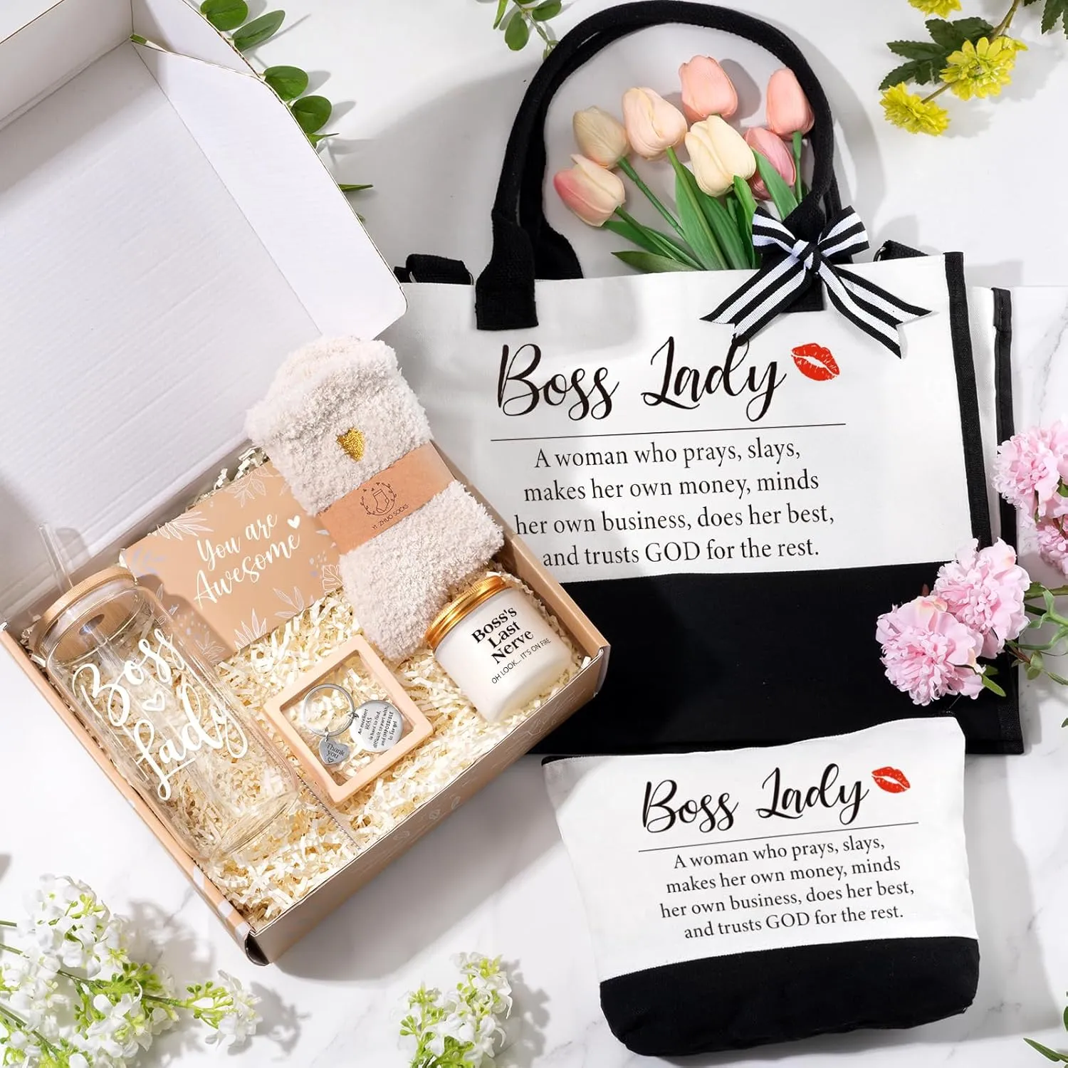 Boss Lady Gifts for Women, Best Boss Gifts for Bosses Female, Funny Birthday Christmas Thanksgiving Administrative Professional Day Gift, Office Appreciation Work Bestie Gift Set, 16oz Canvas Tote Bag