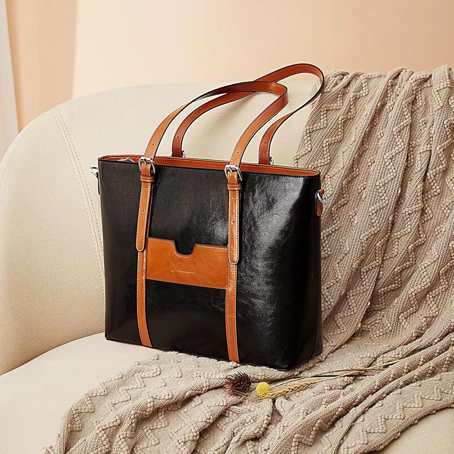 BOSTANTEN Womens Leather Laptop Tote Office Shoulder Handbag Vintage Briefcase 15.6 inch Computer Work Purse