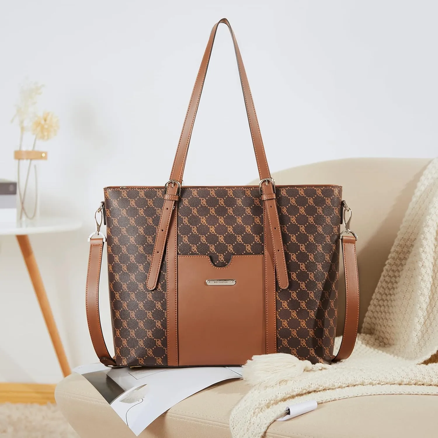 BOSTANTEN Womens Leather Laptop Tote Office Shoulder Handbag Vintage Briefcase 15.6 inch Computer Work Purse