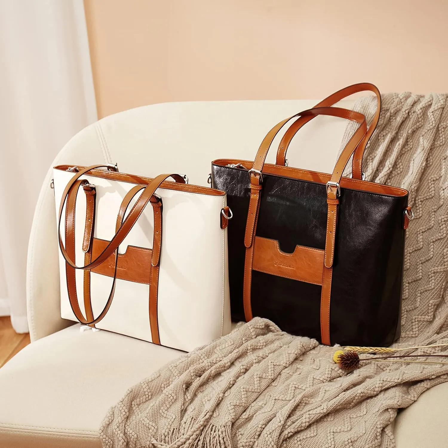 BOSTANTEN Womens Leather Laptop Tote Office Shoulder Handbag Vintage Briefcase 15.6 inch Computer Work Purse
